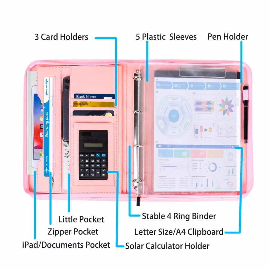Business Portfolio A4 Binder Zippered Leather Executive Compendium Document Folder Case