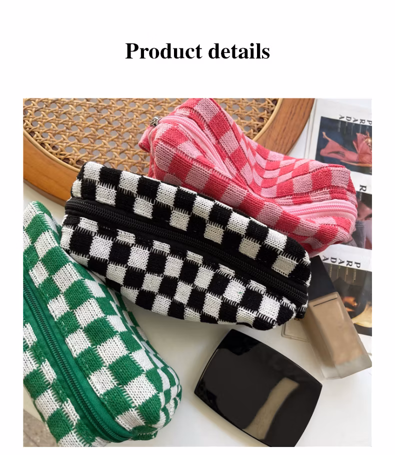Retro Knit Plaid Portable Travel Cosmetic Bag Women Makeup Organizer Stationery Bag Pencil Case Pen Box Student Supplies Cosmetic Simple Bag