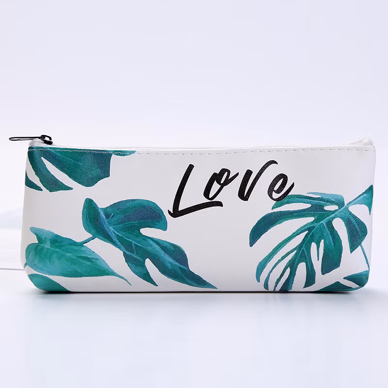 Fashion Office Stationery Bag Custom Leaves Pattern PU Leather Pencil Case