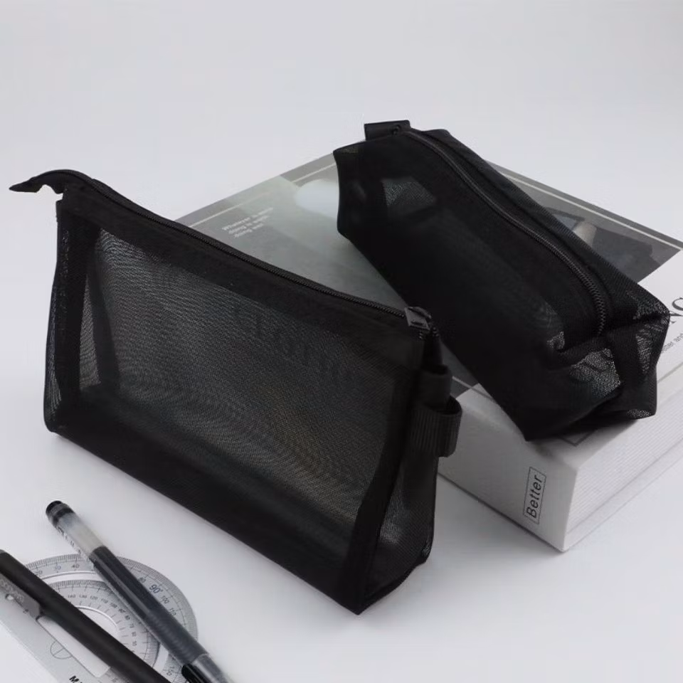 Large Capacity Black Mesh Zipper Multi Functional Pencil Pen Pouch Bag