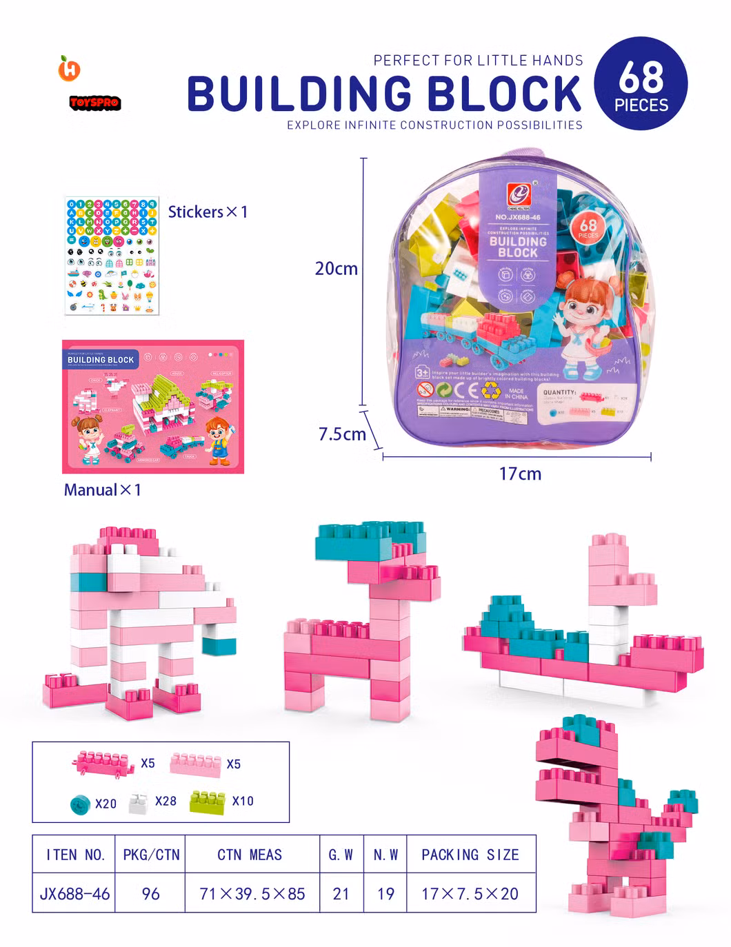68PCS Creative Building Blocks Toys for Kids Boys Girls (Multicolored)