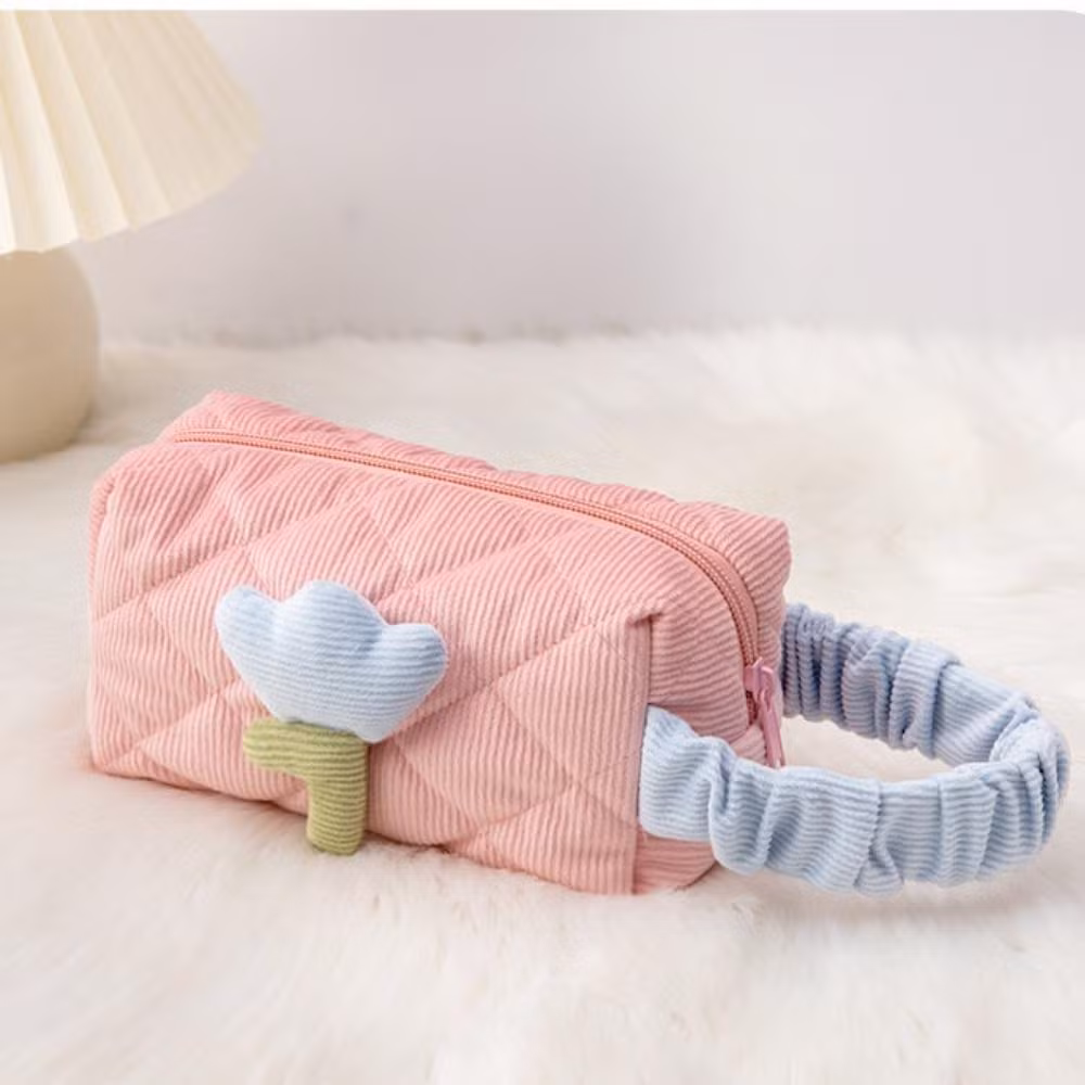 Coquette Aesthetic Makeup Bag Large Capacity Corduroy Portable Toiletry Floral Esg22227
