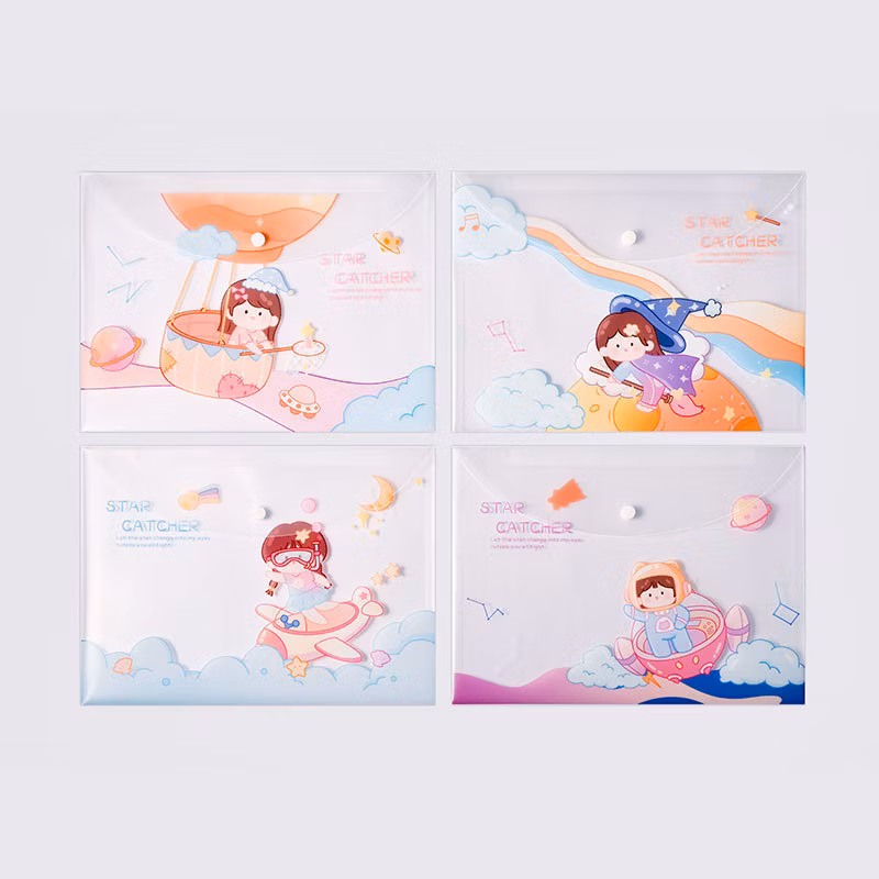 New Snap Button Translucent File Bag Kawaii Cute Storage File Bag Custom PVC Folder Pencil Case Bag