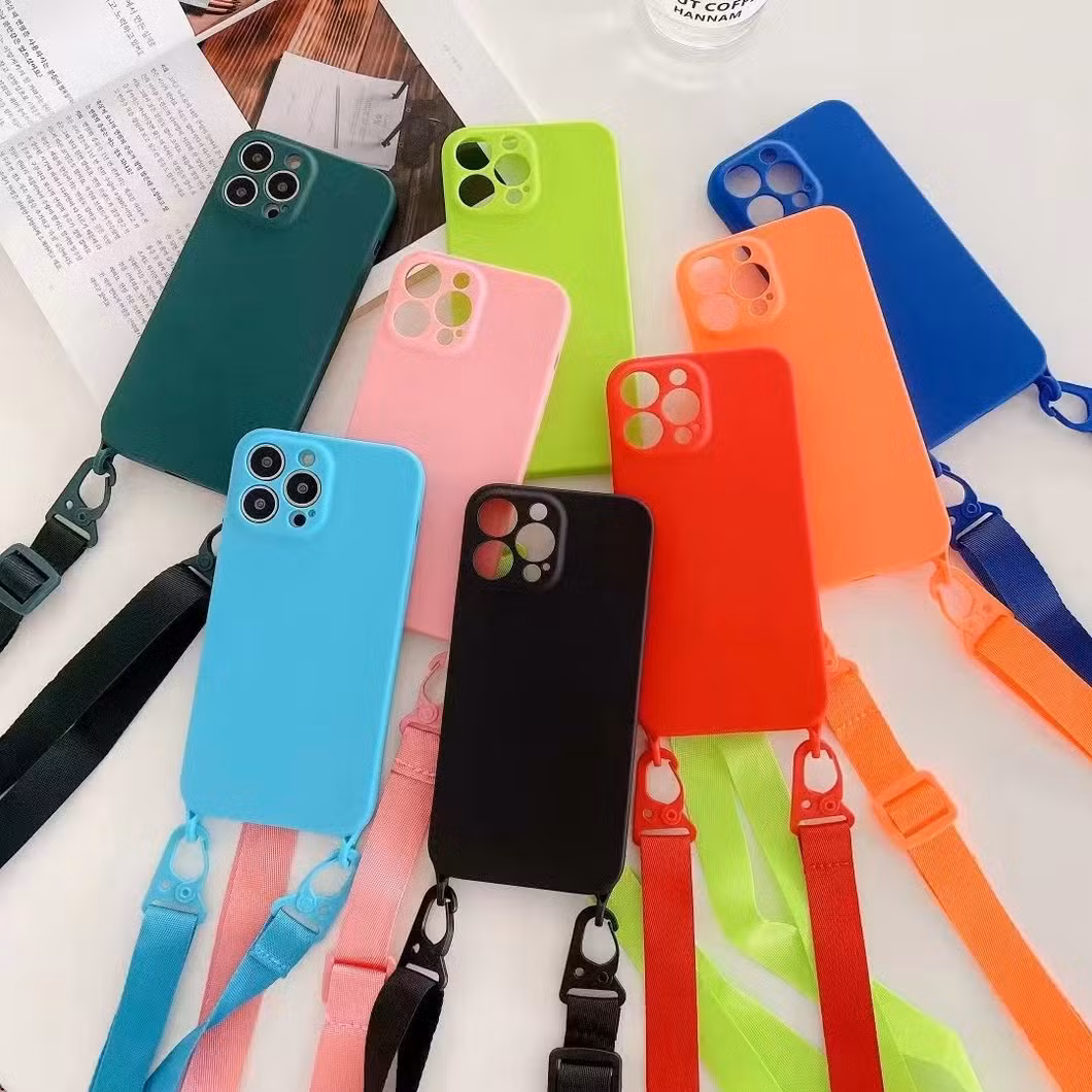 for iPhone 15 Solid Phone Case with Phone Lanyard Colorful Frame Design Cell Phone Cover for iPhone 11 12 13 14 15 16
