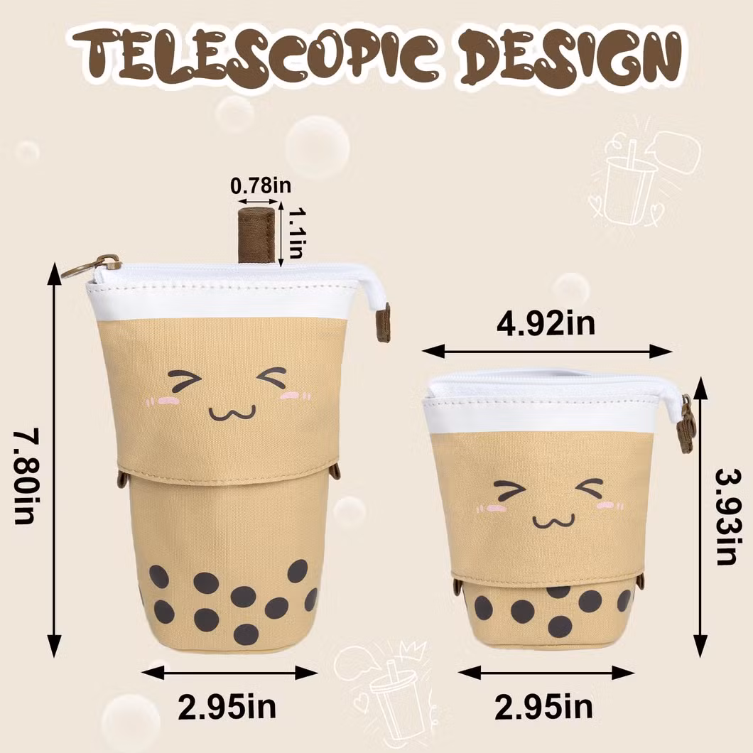 Standing Pencil Case, Cartoon, Milk Tea, Cute, Pop up Pencil Case Cute Telescopic Pen Pouch Holder Canvas Zip Kawaii, Kids Students (Brown)