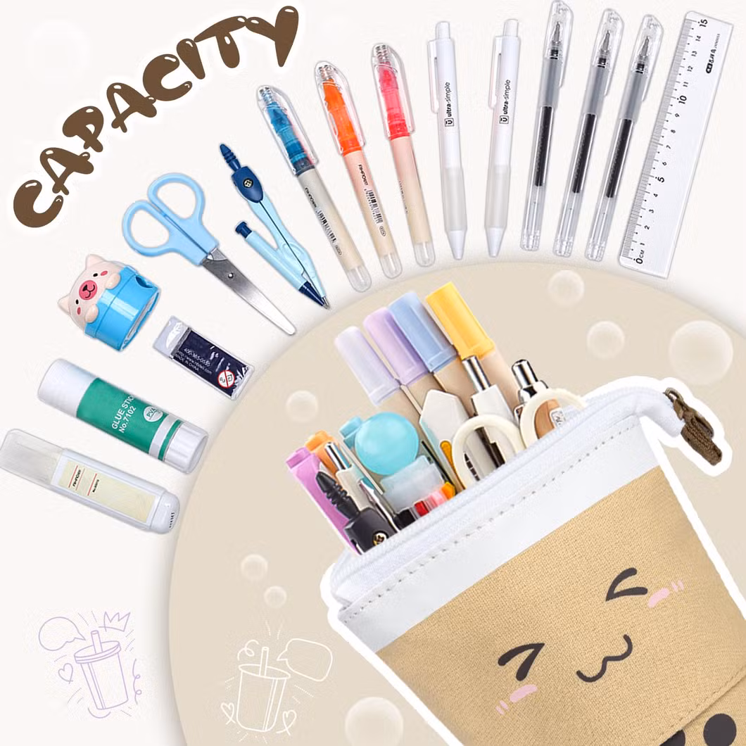 Standing Pencil Case, Cartoon, Milk Tea, Cute, Pop up Pencil Case Cute Telescopic Pen Pouch Holder Canvas Zip Kawaii, Kids Students (Brown)