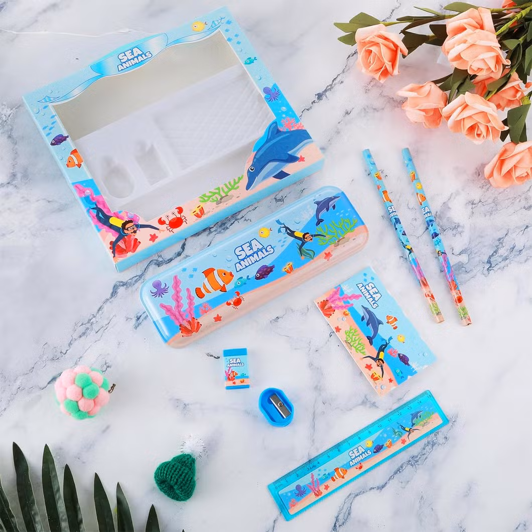 Hot Sale Sea Animals Stationery Set with Pencils, Pencil Case, Pencil Sharpener, Eraser School Gifts for Kids Child Students OEM Customize Printing Service