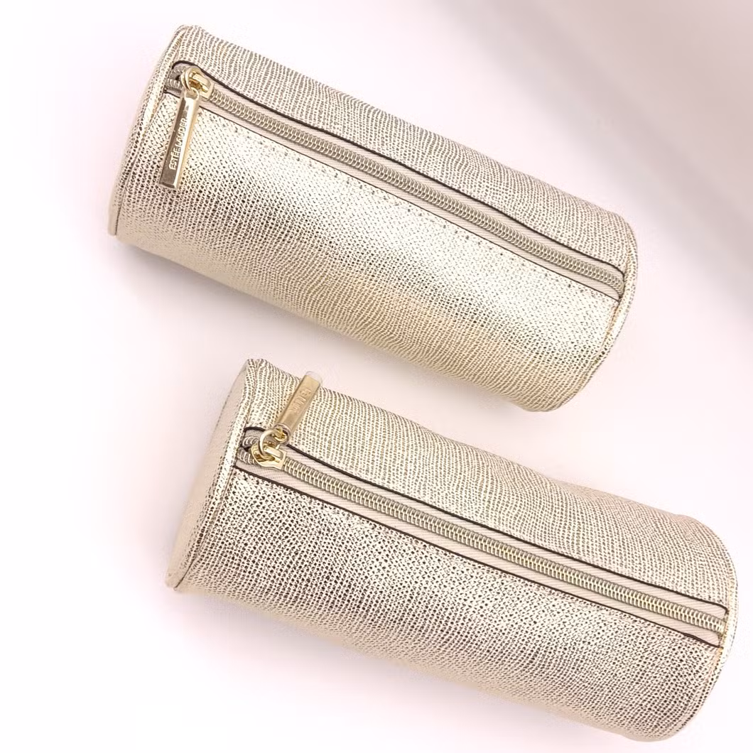 Custom Luxury Students Round Zipper Storage PU Leather Pencil Bag
