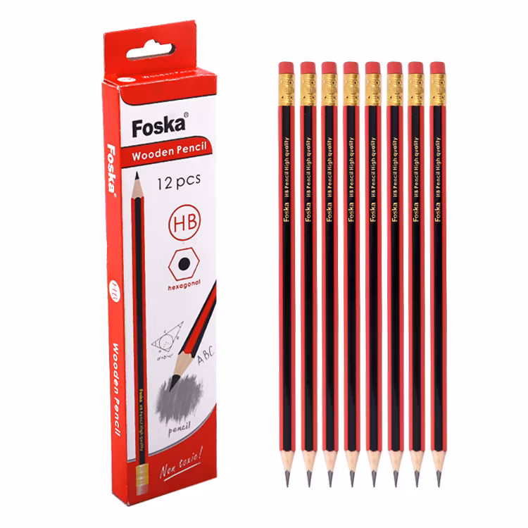 Foska 31 Years Factory School Stationery Blue & Red Glossy Surface Wood-Case Designs Pre-Sharpened Pencils with Eraser Top