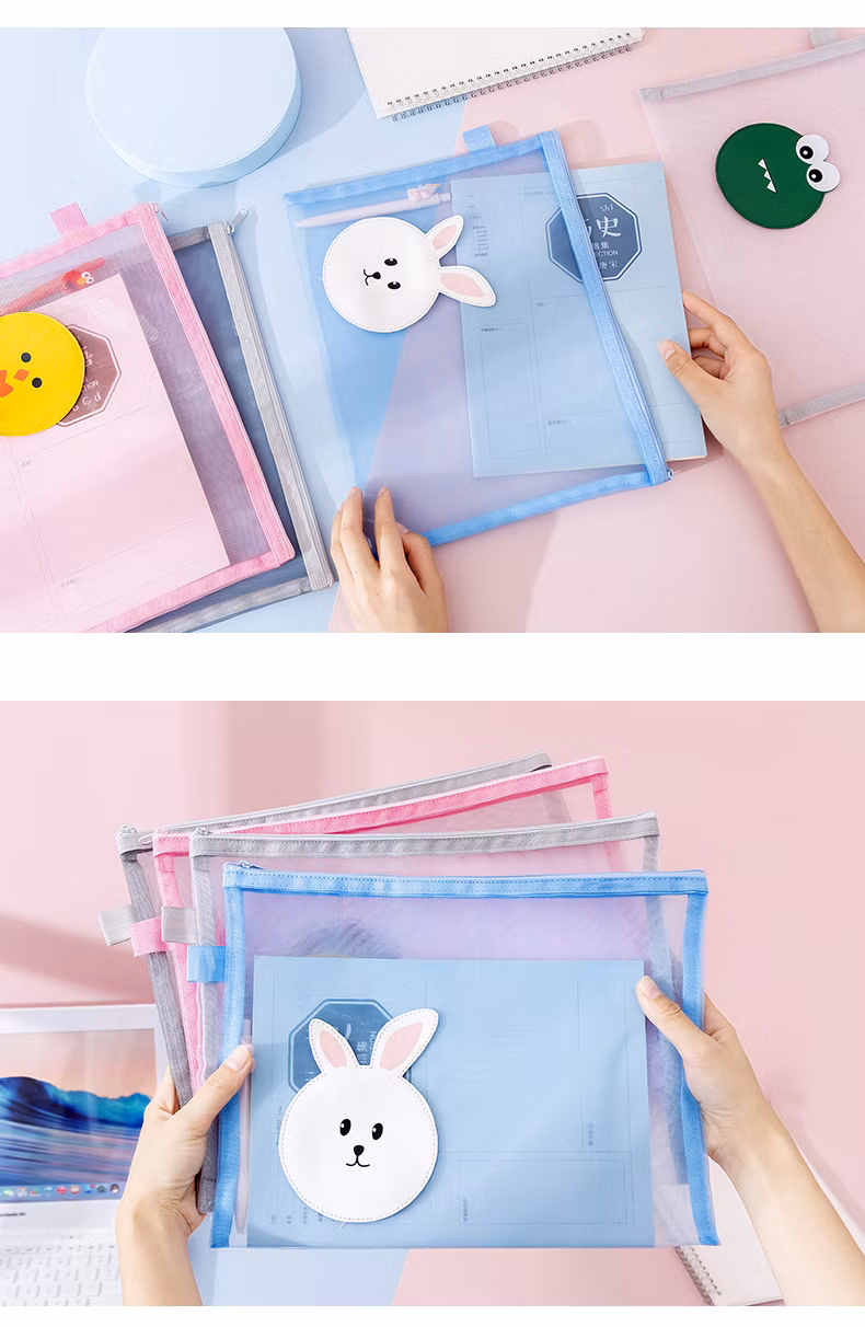 A4 Transparent Mesh File Bag Multifunctional Office Data Folder Student Cartoon Zipper Pencil Case