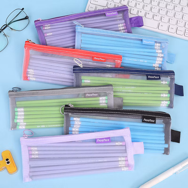 Promotional Simple Transparent Mesh Pencil Pouch Bag Large Capacity Pencil Case