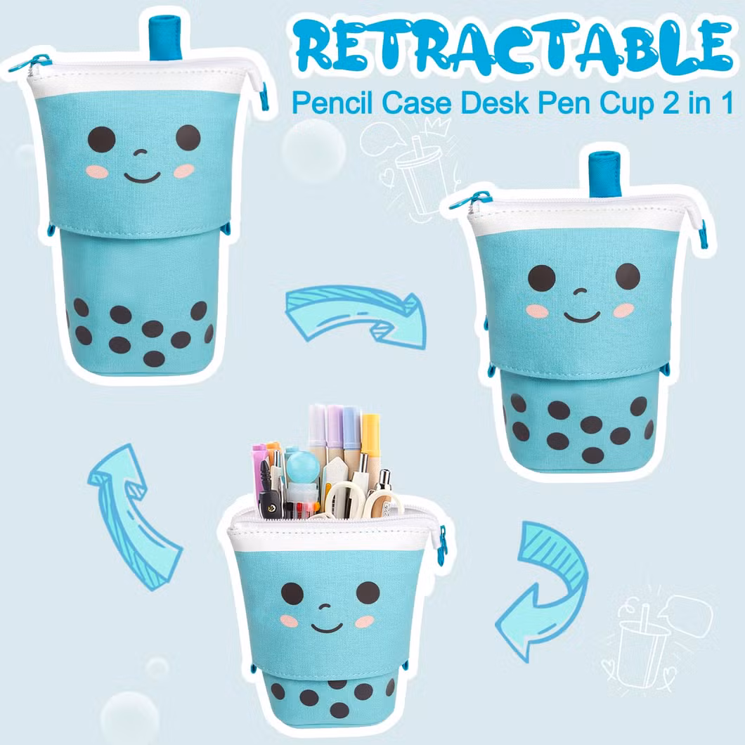 Standing Pencil Case for Girls, Boy, Milk Tea, Pop up Pencil Case Cute Telescopic Pen Pouch Holder Canvas Zip Kawaii, Kids Students (Blue)