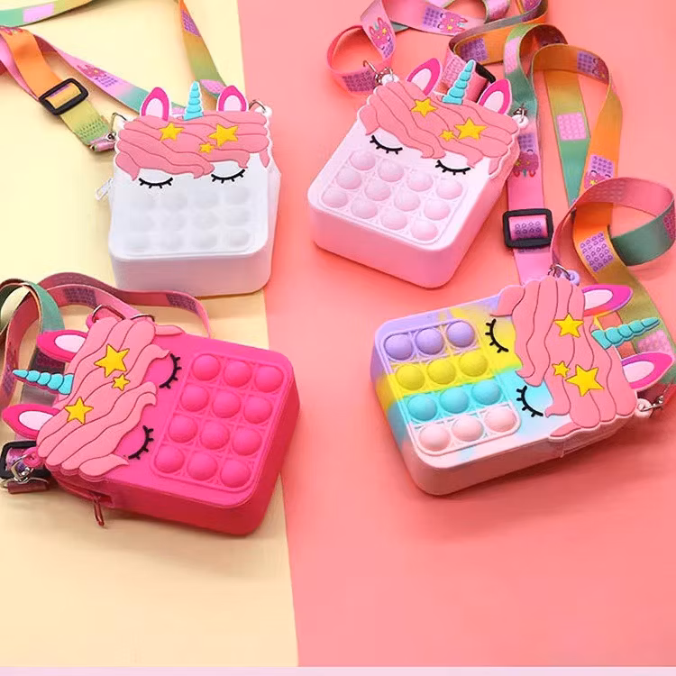 New Decompression Unicorn Poppet Fidget Cosmetic Messenger Bag for Puzzle Bubble Silicone Pen Case Pops up Fidget Popper Pencil Case Unicorn Shoulder Bags