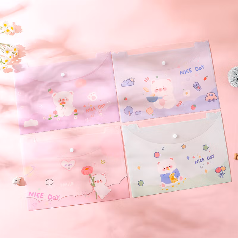 New Snap Button Translucent File Bag Kawaii Cute Storage File Bag Custom PVC Folder Pencil Case Bag