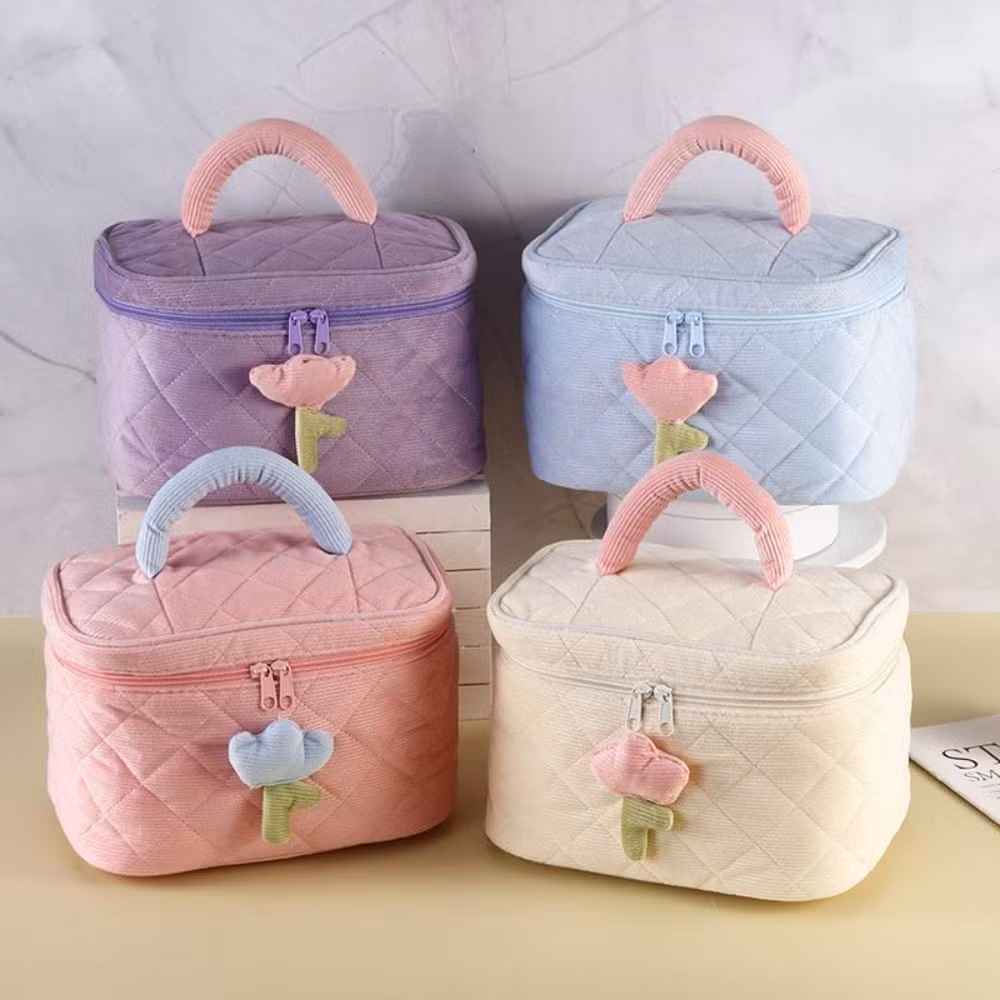 Coquette Aesthetic Makeup Bag Large Capacity Corduroy Portable Toiletry Floral Esg22227