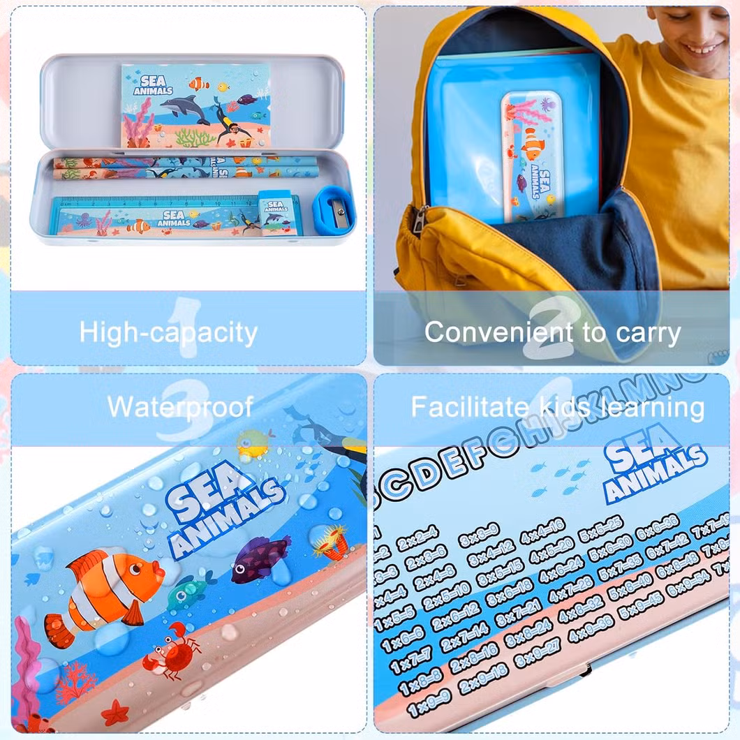 Hot Sale Sea Animals Stationery Set with Pencils, Pencil Case, Pencil Sharpener, Eraser School Gifts for Kids Child Students OEM Customize Printing Service