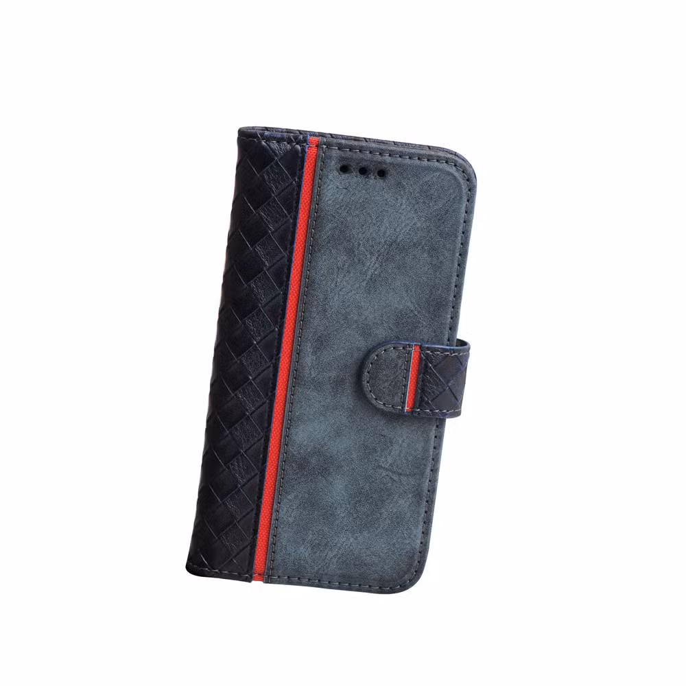 Fashion Carbon Pattern Mobile Phone Book Flip Protective Cover Case for iPhone 14 with Metallic Coating Frame Factory OEM Logo Card Slots and Stand Magnetic