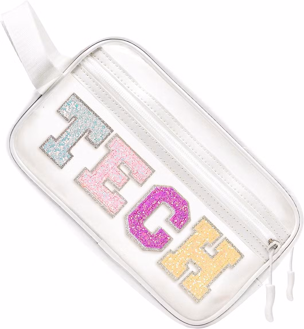 Letter Patch Clear Bag Preppy Multi-Purpose Large Travel PVC&Nylon Clear Makeup Toiletry Storage Zipper Pouch Bag with Handles