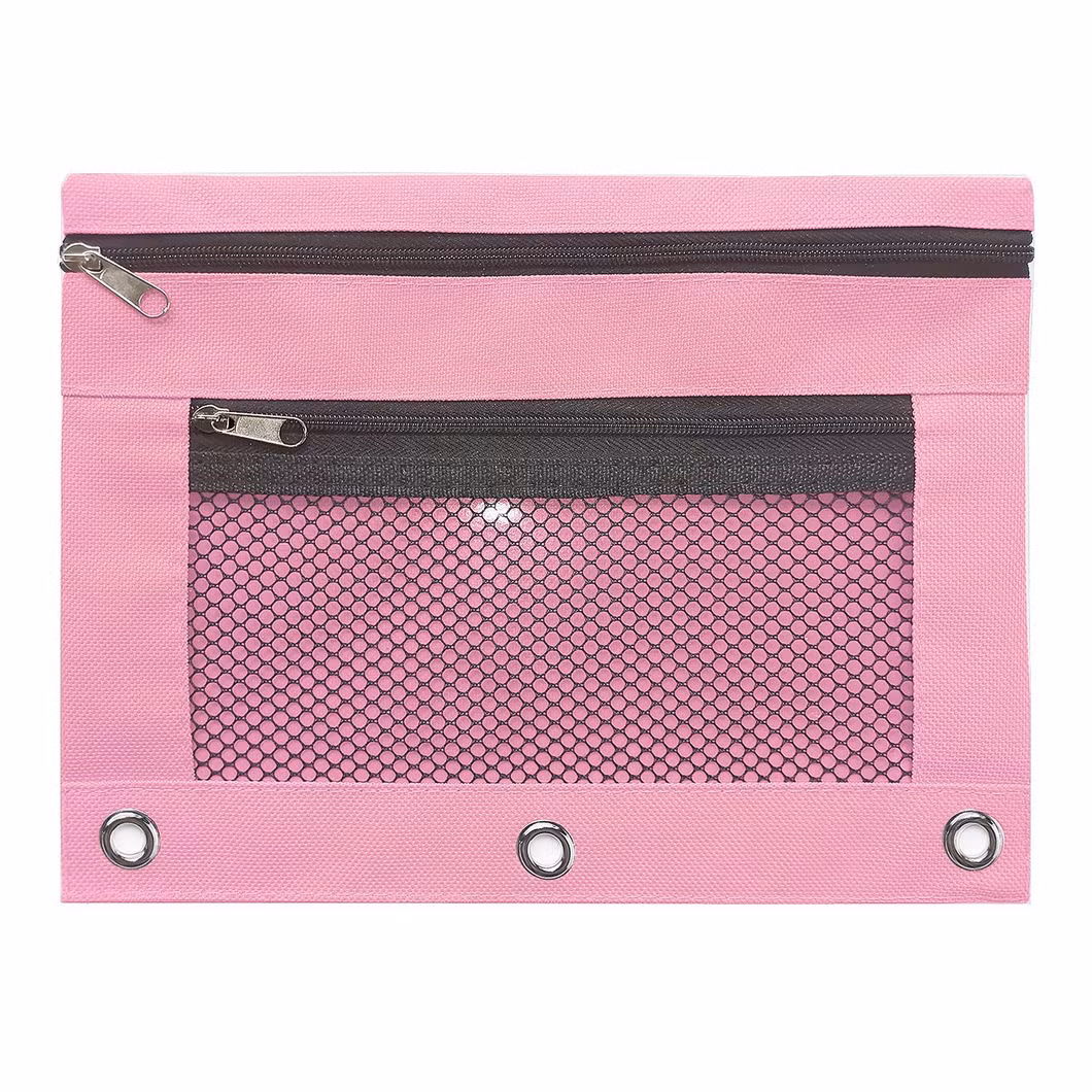 6 Colors Double-Layer Mesh Three-Hole Pencil Bags with Binder Rings