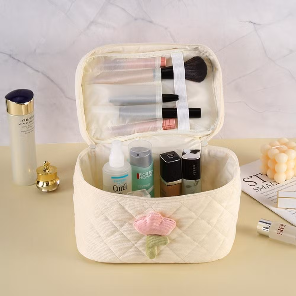 Coquette Aesthetic Makeup Bag Large Capacity Corduroy Portable Toiletry Floral Esg22227