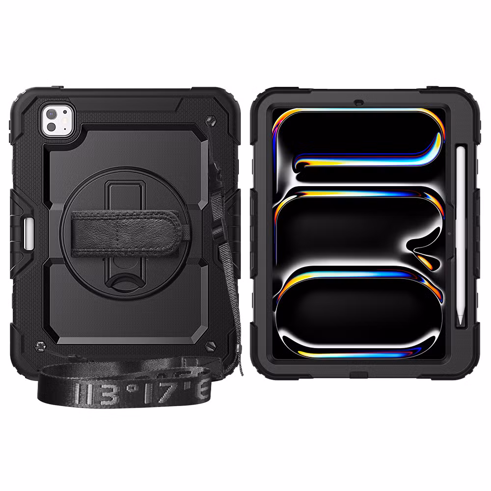 iPad PRO 11 (2024) Case PC+Silicone Tablet Cover with Screen Protector Pencil Holder - Black