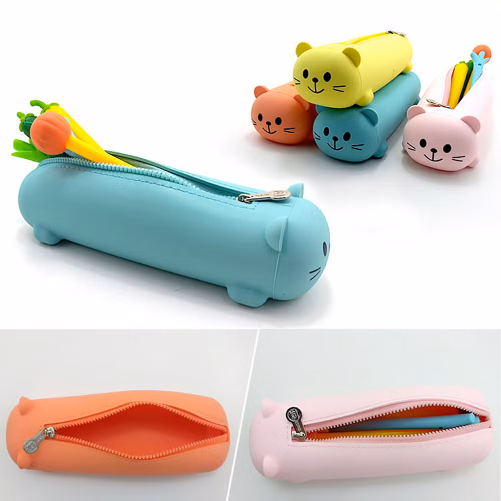 Custom Silicone Cute Cat Pencil Bag Stationery Soft Kids Kawaii Pencil Case