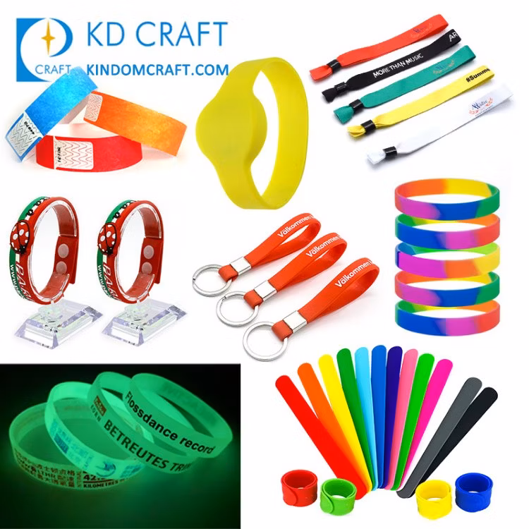 Cheap Custom Logo Woven Festival Elastic Fabric Paper Vinyl Tyvek Event Bracelet Custom PVC Slap Rubber Keychain Glow Silicone RFID Gift Promotional Wristband
