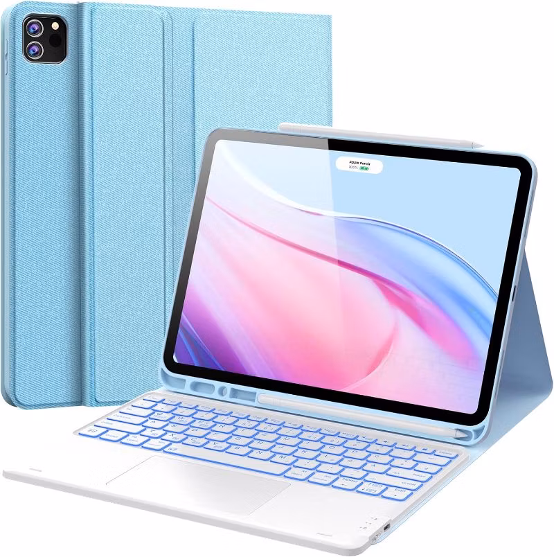 Tablet Detachable Wireless Bluetooth Keyboard Leather Case with Pencil Slot, Touchpad, 7-Color Backlit for iPad PRO 12.9 Inches Light Blue