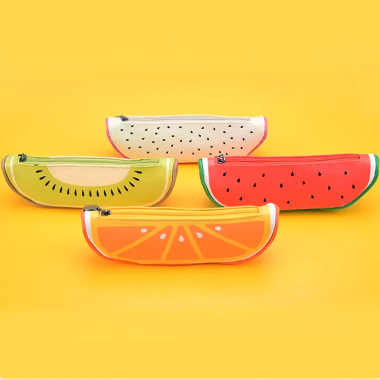 Fast Shipping School Stationery Soft Silicon Pen Organizer Bag Watermelon Fruit Orange Kiwi PU Leather Super Cute Pencil Case