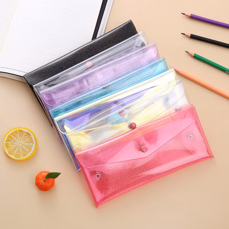 Creative Style Casual Laser Transparent Leather Pencil Case Portable Foldable Snap Button Stationery Storage Bag