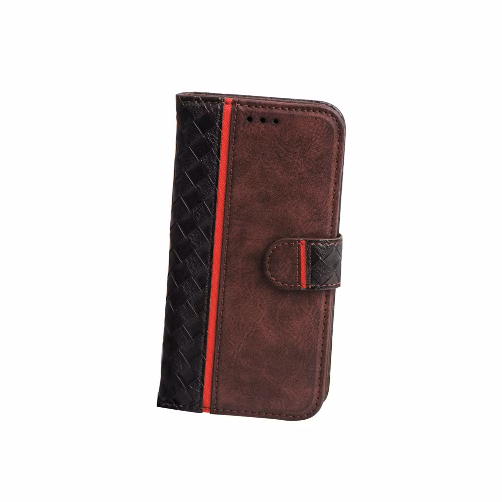 Fashion Carbon Pattern Mobile Phone Book Flip Protective Cover Case for iPhone 14 with Metallic Coating Frame Factory OEM Logo Card Slots and Stand Magnetic