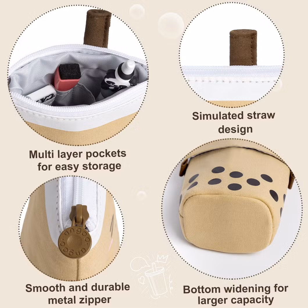 Standing Pencil Case, Cartoon, Milk Tea, Cute, Pop up Pencil Case Cute Telescopic Pen Pouch Holder Canvas Zip Kawaii, Kids Students (Brown)