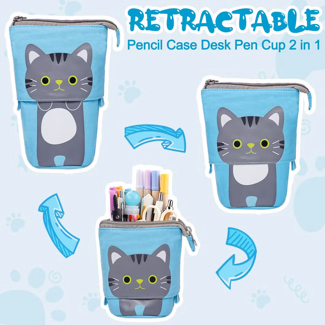 Standing Pencil Case for Boy, Cartoon, Boba Cat Pop up Pencil Case Cute Telescopic Pen Pouch Holder Canvas Zip Kawaii, Kids Students (Blue cat)