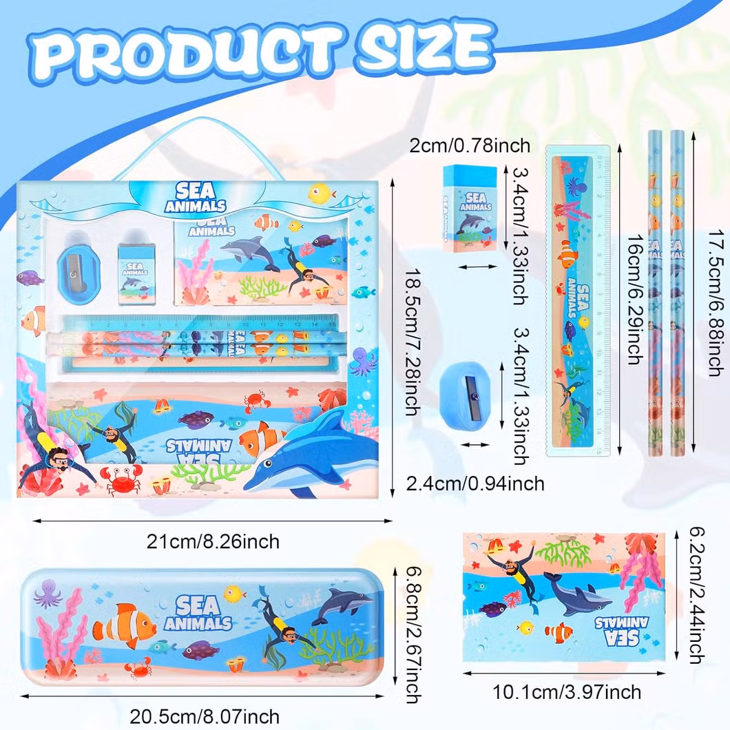 Hot Sale Sea Animals Stationery Set with Pencils, Pencil Case, Pencil Sharpener, Eraser School Gifts for Kids Child Students OEM Customize Printing Service