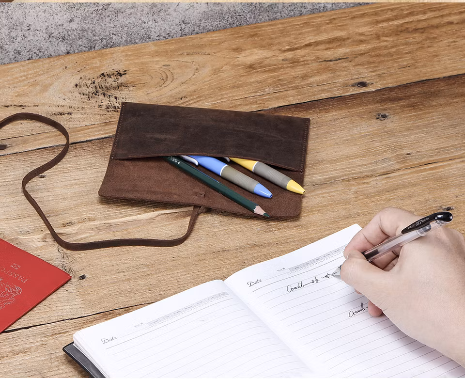 GA161 multi function a pen personalized long luxury portable leather pencil cases custom large capacity for school customised blank with strap small pencil case