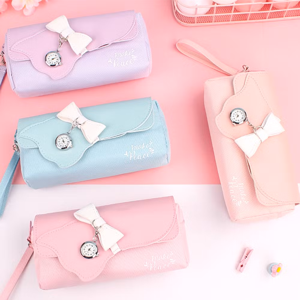 Waterproof Kids Pencil Bag Large Capacity Cute Girls Purple Leather Pencil Cases