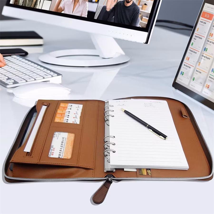Zippered Business Leather Notebook Document Organizer Holder A5 Binder Portfolio with 6-Ring