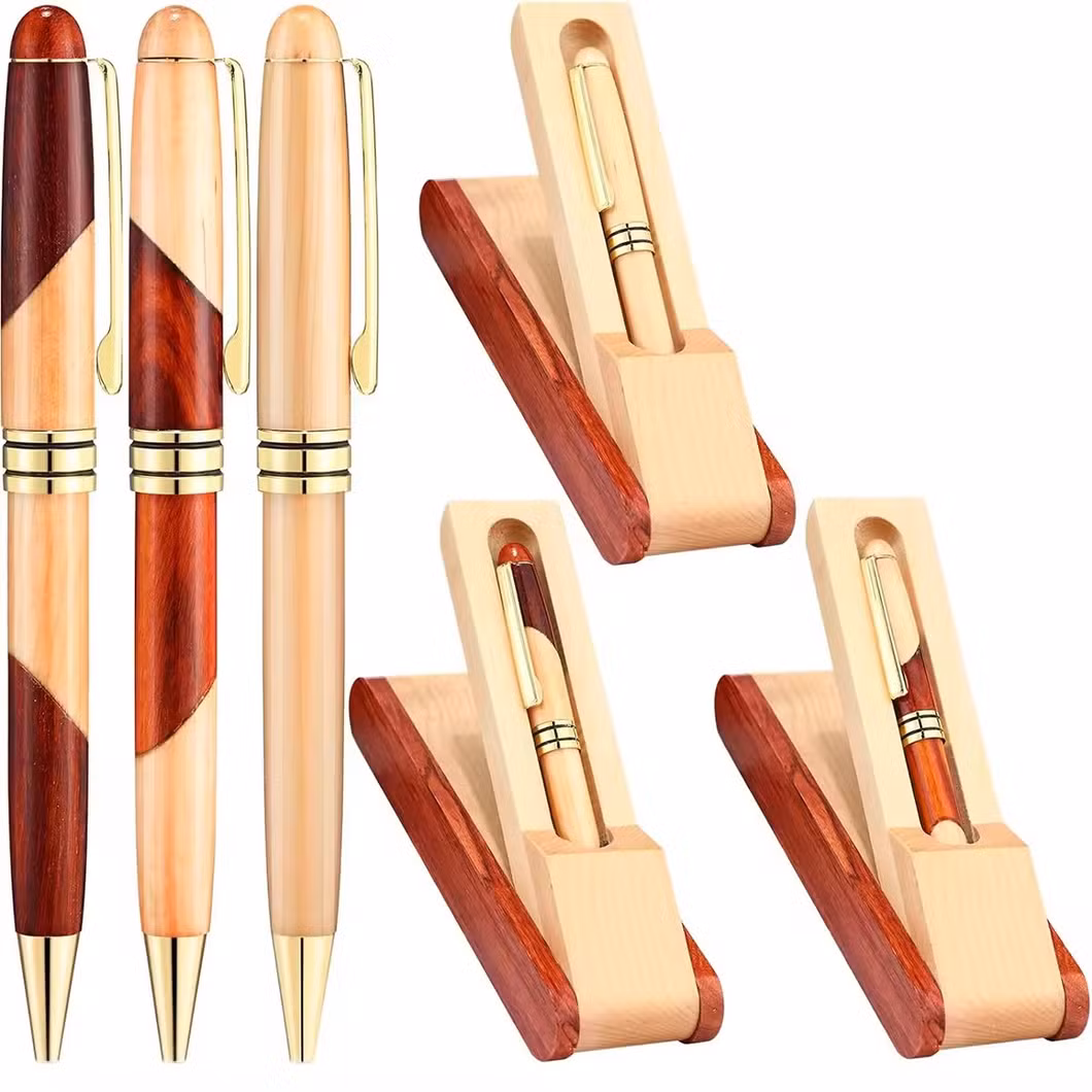 Classical Luxury Maple Wooden Ballpoint Pen with Wood Package Box Foldable Bamboo Ink Pen in Pencil Cases