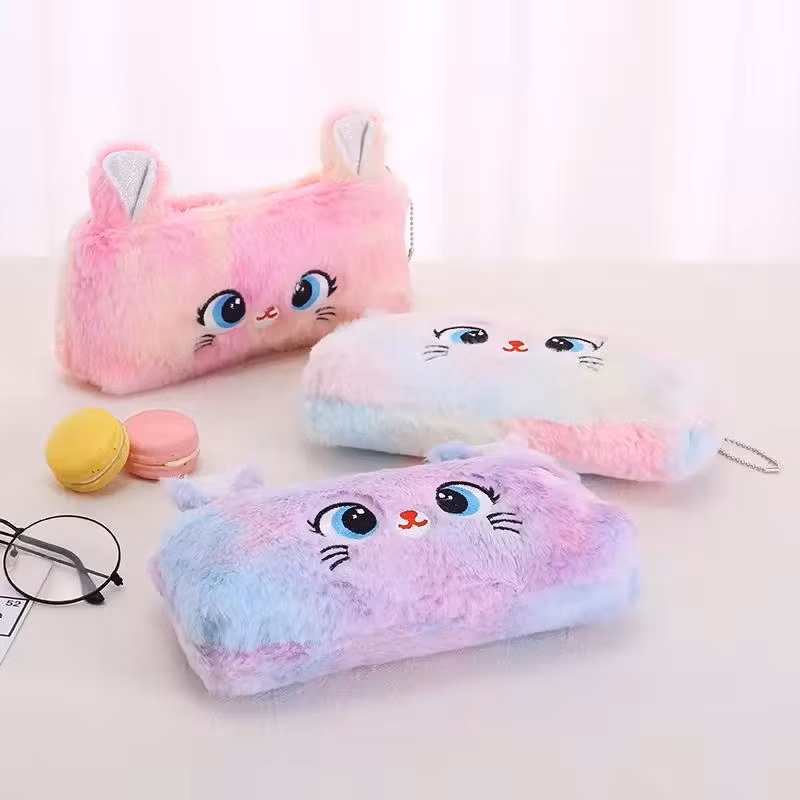 Kawaii Plush Cat Pencil Case for Kids Zipper Large Capacity Pencil Organizer