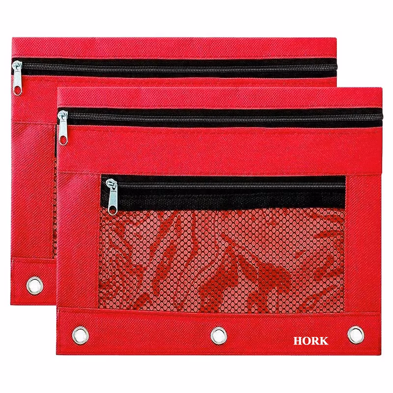 Binder Pencil Pouch Zipper Pencil Case Bag Utility Pouch Pen Bag with 3 Ring Double Pocket Mesh Window