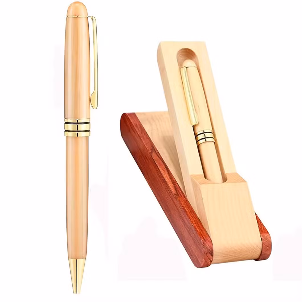 Classical Luxury Maple Wooden Ballpoint Pen with Wood Package Box Foldable Bamboo Ink Pen in Pencil Cases