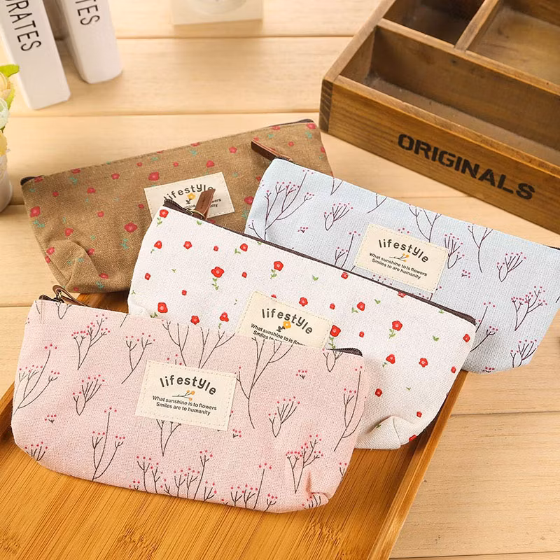 Cute Floral Flower Canvas Zipper Pencil Cases Lovely Cosmetic Bag