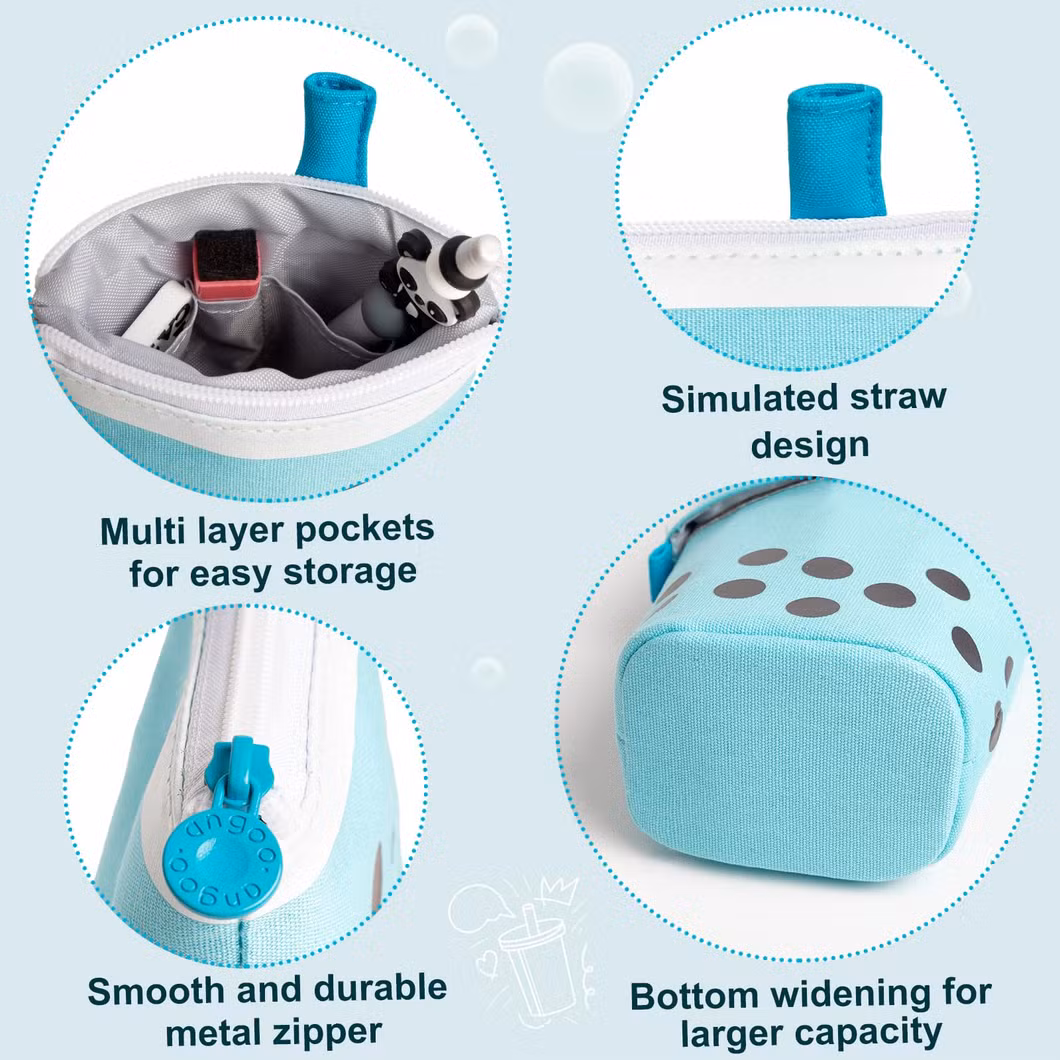 Standing Pencil Case for Girls, Boy, Milk Tea, Pop up Pencil Case Cute Telescopic Pen Pouch Holder Canvas Zip Kawaii, Kids Students (Blue)