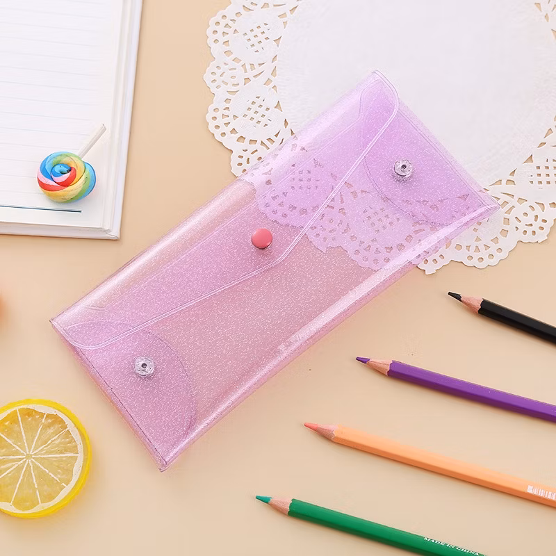 Creative Style Casual Laser Transparent Leather Pencil Case Portable Foldable Snap Button Stationery Storage Bag