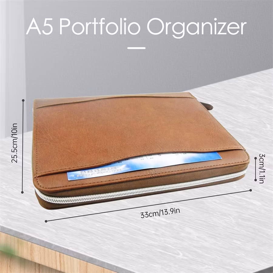 Zippered Business Leather Notebook Document Organizer Holder A5 Binder Portfolio with 6-Ring