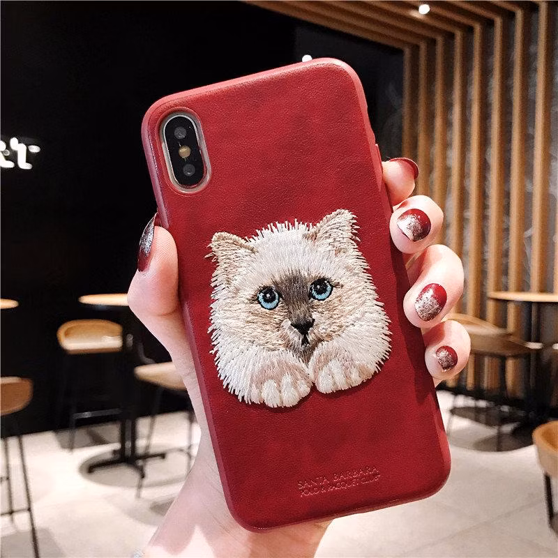 Cute Animal Embroidery Leather Hand Make Leather Mobile Phone Case