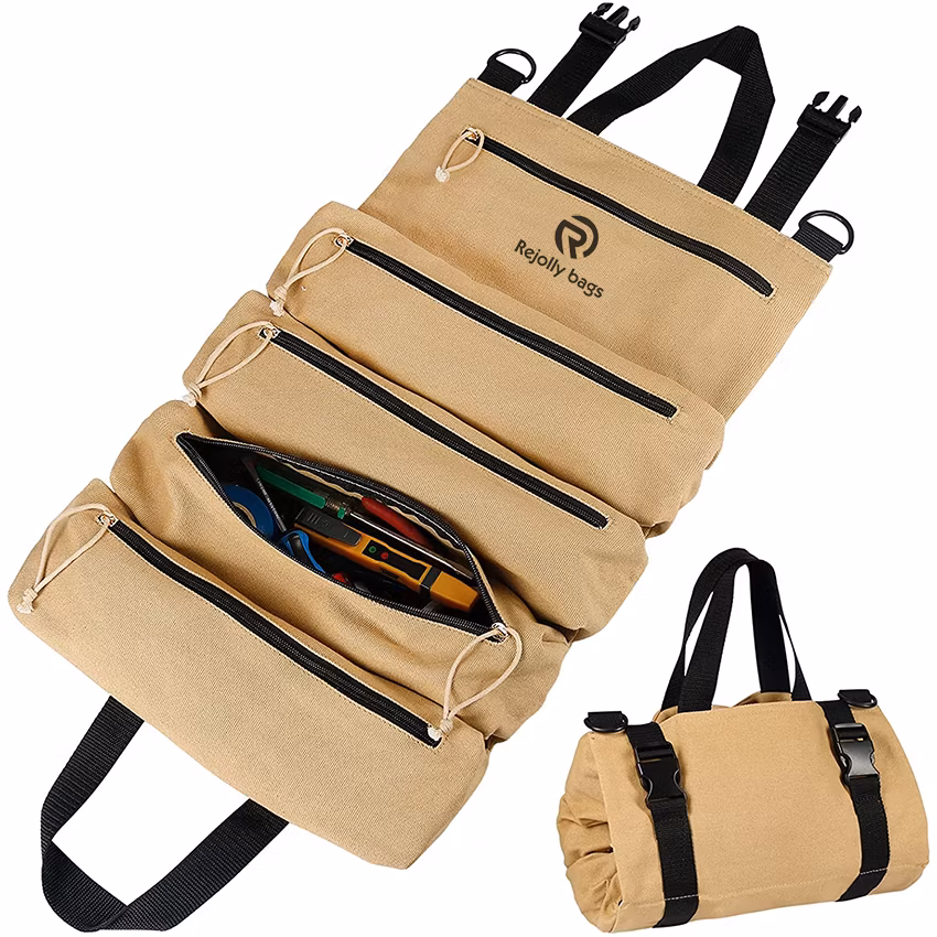 Water Resistant Tool Roll Bag with 2 Wrap Straps, Heavy Duty Roll up Tool Bag with 5 Pockets, Canvas Roll up Tool Bag