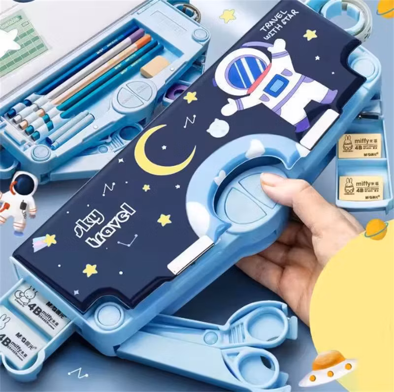 School Children Cartoon Cute Plastic Multifunctional Blue Astronaut Magnetic Pencil Case