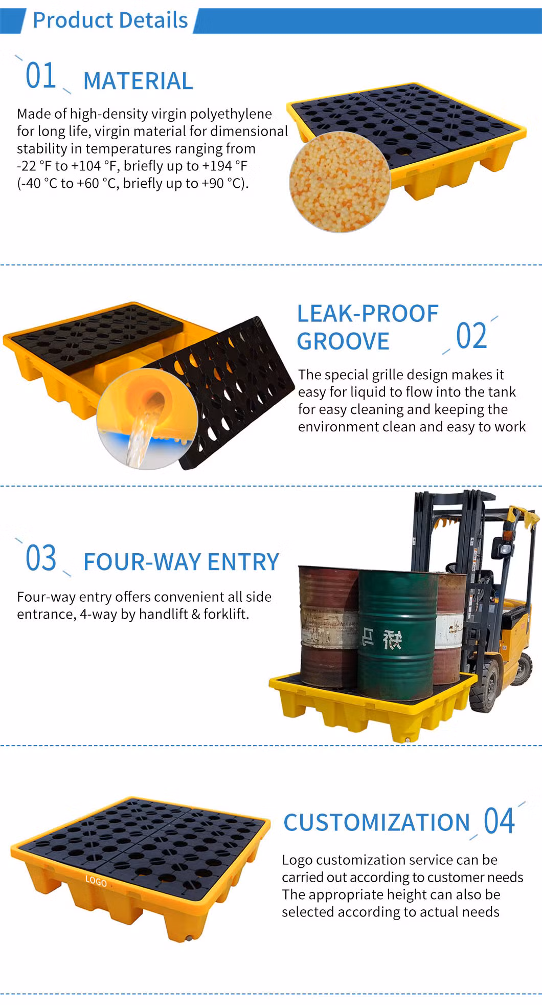 Large Capacity Industrial Eco-Friendly Factory Customized Large Four Way Entry IBC Supplier Plastic Oil Spill Containment Tray Pallet for 2/4 Drum