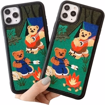 Shockproof Protective Smart Cover 3D Floral Embroidered Embroidery Real Leather Mobile Phone Case
